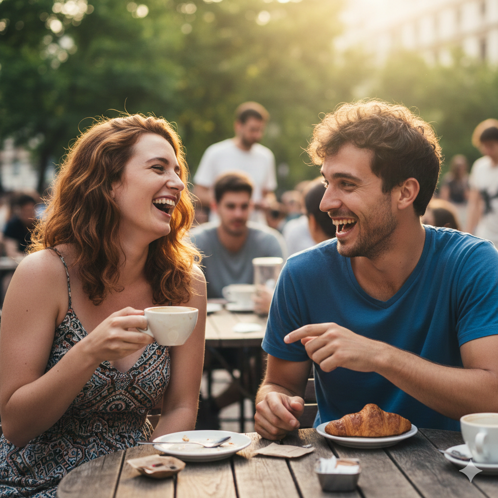 Friends laughing and talking over coffee